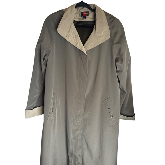 NWOT Gallery Size 12 Long Trench Coat Khaki Green Beige With Hood Rain Coat Line - Picture 6 of 16
